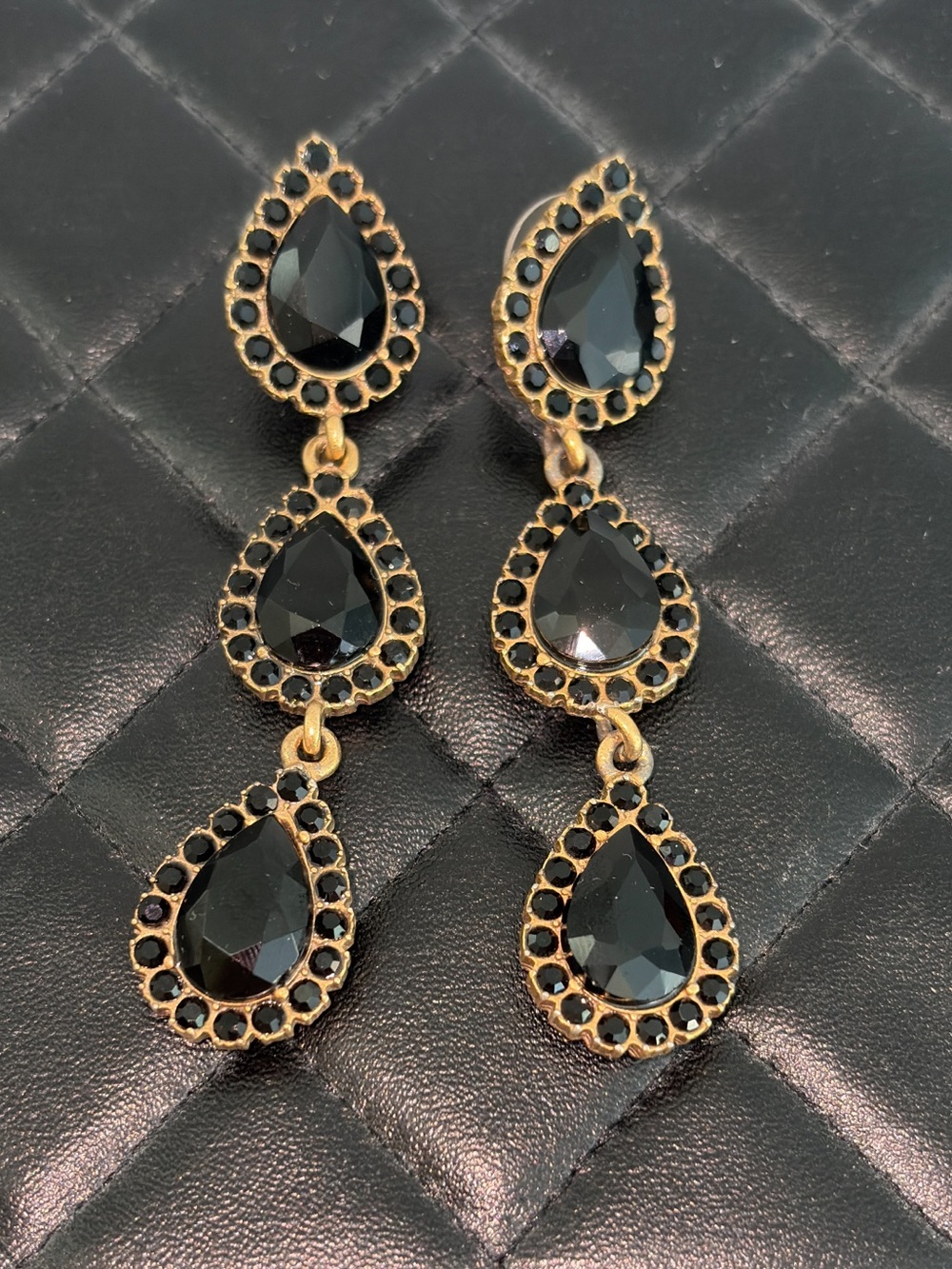Loren Hope Triple Teardrop Onyx Faceted Crystal Signed Earrings